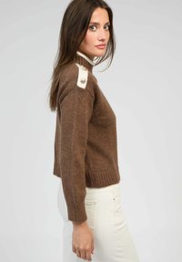 Pull marron tricoté avec un col montant, comprenant des accents blancs aux épaules et des détails à boutons. Poignets et ourlet côtelés, montrant une texture travaillée.