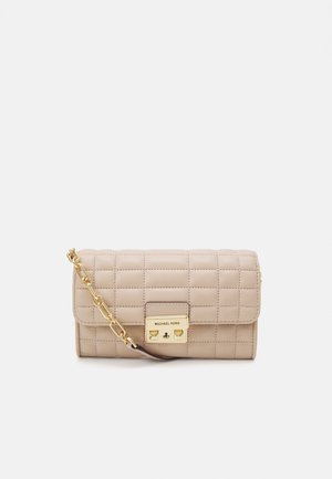 Beige quilted leather handbag with a gold-tone clasp and chain strap. Features a rectangular shape and minimalistic design.