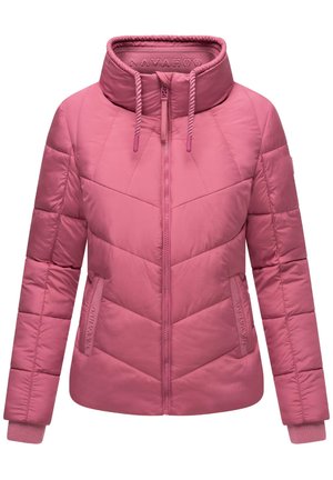 Pink puffer jacket with a high collar, zip closure, side pockets, and chevron quilted pattern. Features ribbed cuffs and branding detail.