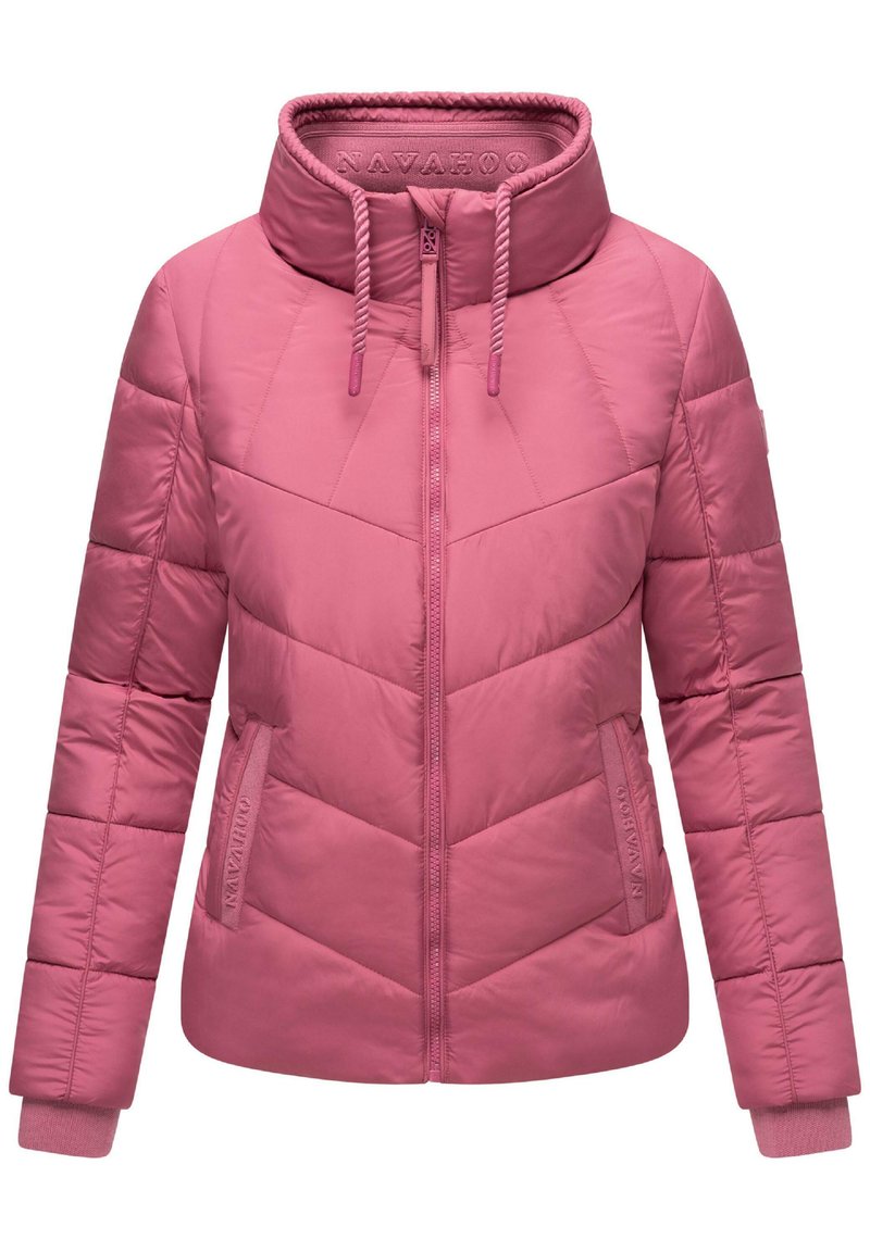 Pink puffer jacket with a high collar, zip closure, side pockets, and chevron quilted pattern. Features ribbed cuffs and branding detail.