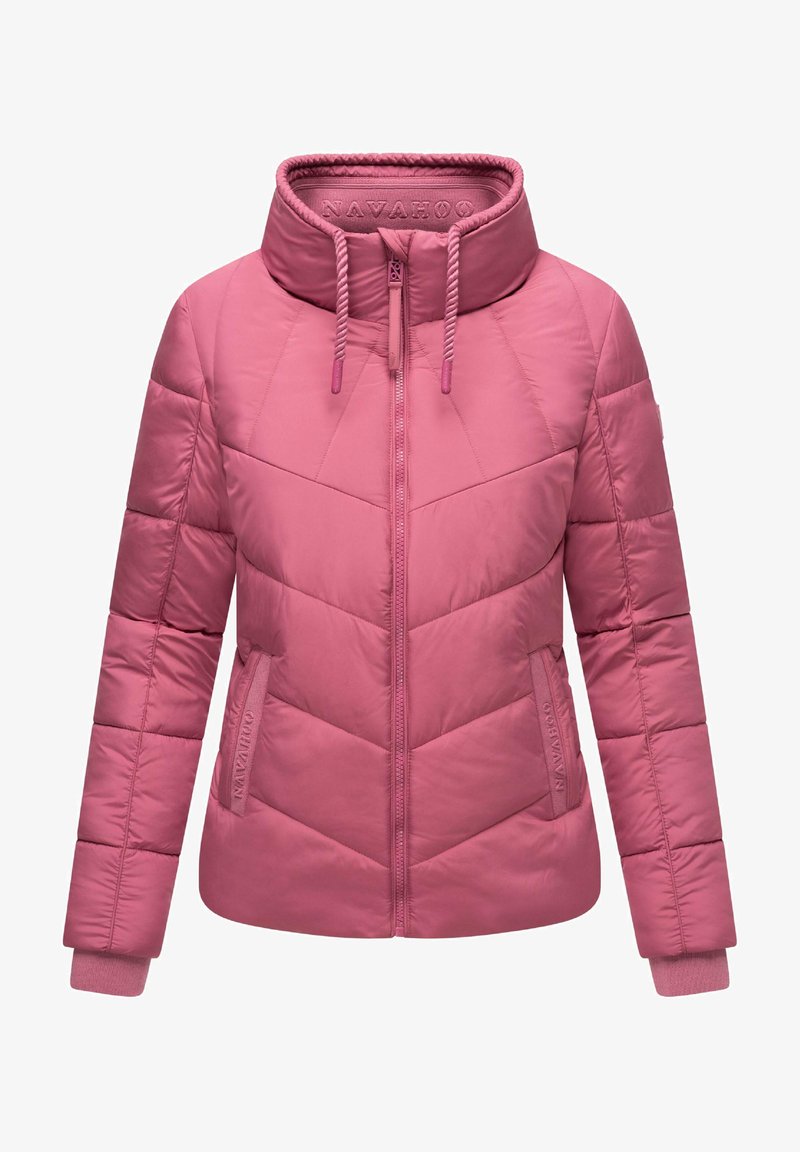 Pink puffer jacket with a high collar, zip closure, side pockets, and chevron quilted pattern. Features ribbed cuffs and branding detail.