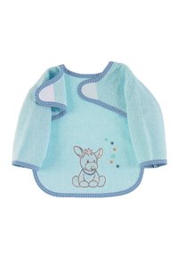 Blue towel bib with long sleeves, terry cloth texture, featuring an embroidered donkey and colorful polka dots along the edges.