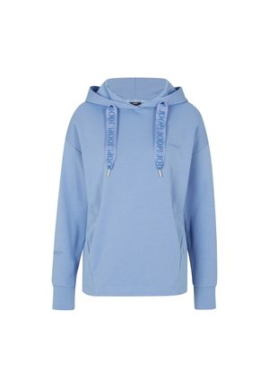 Sweat à capuche bleu clair fabriqué en tissu doux. Doté de cordons de serrage avec logo, de manches longues et d'une coupe décontractée. Design minimaliste.