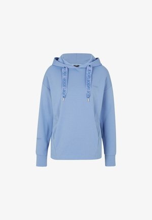 Helle blaue Kapuzenjacke aus weichem Stoff. Verfügt über eine Kordel mit Logo, lange Ärmel und eine lässige Passform. Minimalistisches Design.