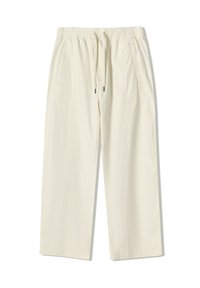 Cream-colored, lightweight, wide-leg trousers with an elastic waistband, adjustable drawstring, and two side pockets. Textured fabric.