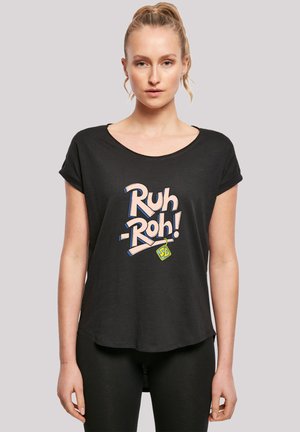 Black short-sleeve T-shirt with a rounded neckline featuring a multicolored "Ruh-Roh!" graphic. Soft fabric, relaxed fit, and curved hemline.