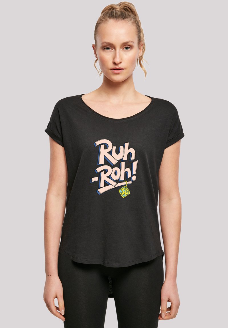 Black short-sleeve T-shirt with a rounded neckline featuring a multicolored "Ruh-Roh!" graphic. Soft fabric, relaxed fit, and curved hemline.