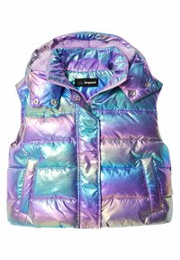 Chaleco inflado iridiscente con un cuello alto, cierre frontal con cremallera y botones a presión. Presenta secciones acolchadas y dos bolsillos delanteros.