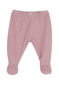 Pantalon bébé côtelé rose doux avec pieds intégrés et ceinture élastique, conçu pour le confort et la chaleur.