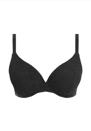 Zwarte bh van een textuurstof met ribbels; heeft een diepe V-halslijn en verstelbare bandjes; onderbroken ondersteuning en naadloos ontwerp.