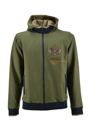 Felpa con cappuccio verde oliva con zip, polsini e tasche blu navy, emblema ricamato con i testi "313° GR" e "Aerobatic Team" sul petto.