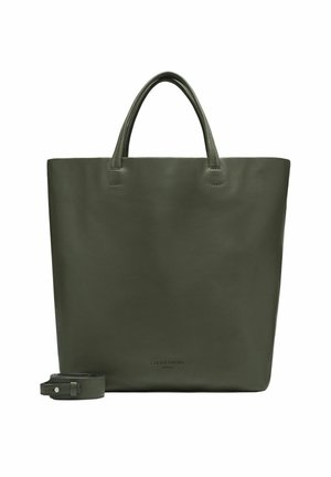 Sac fourre-tout en cuir vert foncé avec deux poignées et une sangle amovible à côté, fond uni.