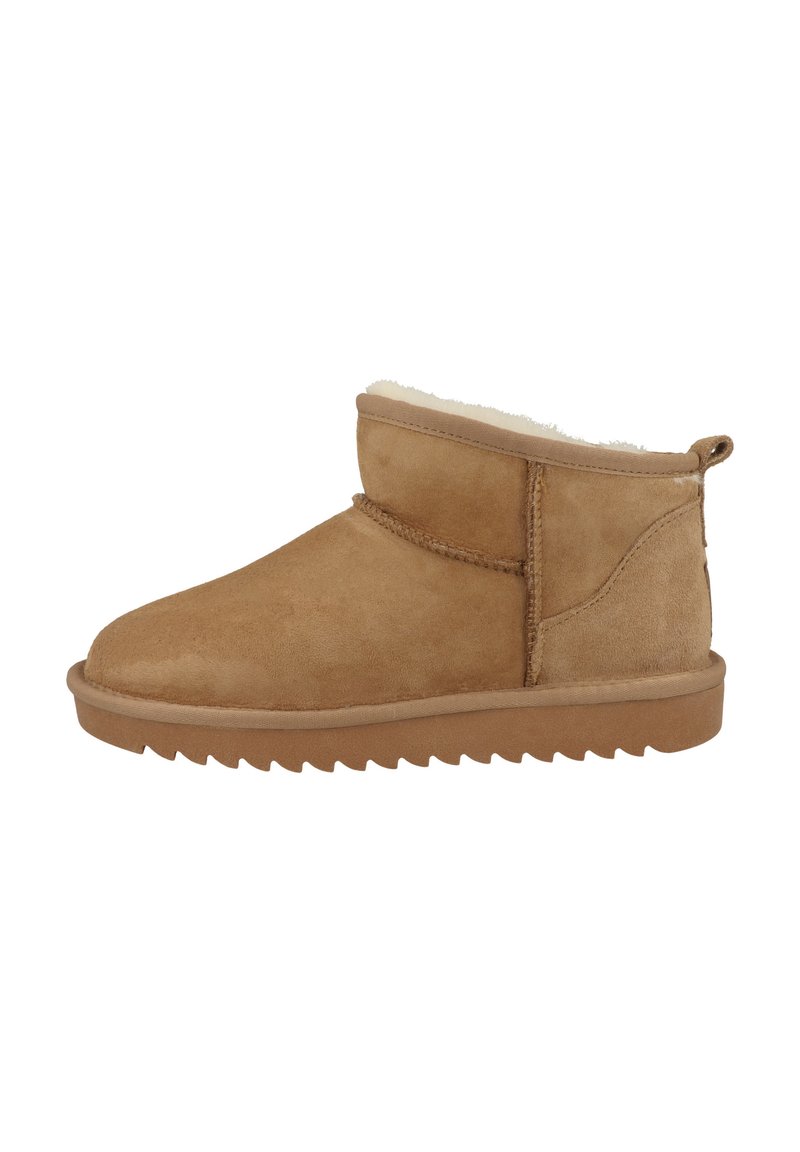 Suede-Ankle-Boots in Tan mit einem weichen, flauschigen Innenfutter. Sie verfügen über eine abgerundete Spitze und eine Gummisohle mit einem Zickzackmuster für mehr Grip.