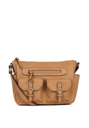 Tan leather crossbody bag with adjustable strap, two front buckle pockets, and a zippered pocket above them.