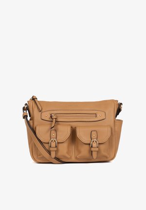 Tan leather crossbody bag with adjustable strap, two front buckle pockets, and a zippered pocket above them.