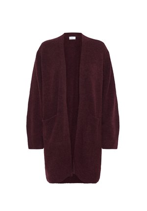 Tumman viininpunainen avoin etupuolipaita pitkähihaisilla hihoilla ja kahdella etutaskulla, valmistettu pehmeästä, pörröisestä neulekudoksesta.