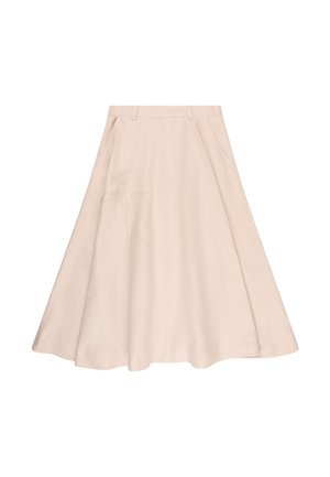 Beige A-lijn rok met riemlussen en zijzakken, kniehoog, gemaakt van gladde stof.
