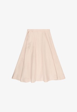 Beige A-lijn rok met riemlussen en zijzakken, kniehoog, gemaakt van gladde stof.