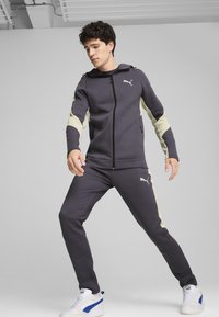 Chándal deportivo gris oscuro con acentos en gris claro, sudadera con cremallera y pantalones ajustados. Presenta el logo de Puma tanto en la parte superior como en la inferior.