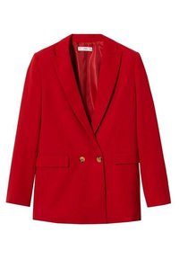 Rød dobbeltbrystet blazer i skræddersyet design med guldknap detaljer, to frontlommer og en glat indvendig foring.