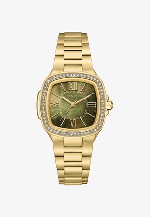 Zegarek o złotym odcieniu z kwadratową tarczą, zielonym cyferblatem, cyframi rzymskimi i kryształowymi akcentami wokół koperty; stalowa bransoleta z ogniwami.