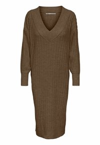 Abito oversize in maglia marrone con scollo a V, caratterizzato da texture a coste e maniche lunghe, che arriva fino a metà polpaccio.