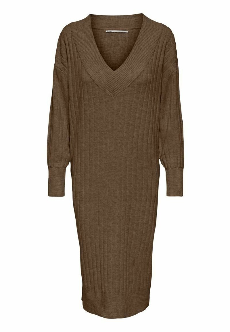 Abito oversize in maglia marrone con scollo a V, caratterizzato da texture a coste e maniche lunghe, che arriva fino a metà polpaccio.