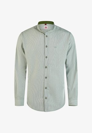 Chemise pour hommes à manches longues vert clair avec col mandarin, boutonnage à l'avant et motif texturé subtil.