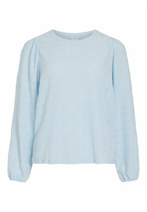 Lichtblauwe blouse met lange mouwen van gestructureerde stof met een bloemmotief in opengewerkte stof, ronde hals en gerimpelde manchetten. Losse pasvorm.