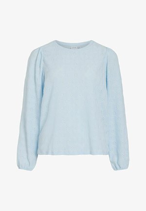 Lyseblå bluse med lange ermer laget av teksturert stoff med blomster-øyehulldesign, rund hals og rynkede mansjetter. Avslappet passform.