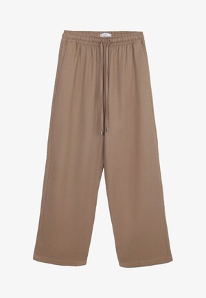 Pantaloni larghi marroni con cintura elastica e cordoncino regolabile. Tessuto morbido con una consistenza liscia e senza motivi visibili.