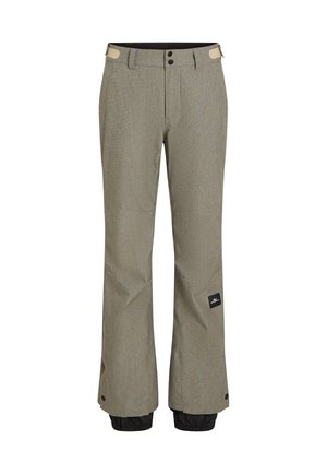Pantalons de ski gris clair avec une finition texturée, présentant des poignets élastiques noirs, deux boutons et un patch logo sur le côté.