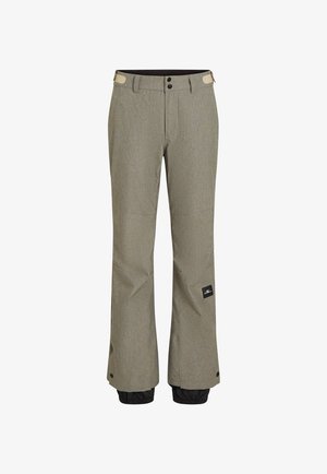 Pantaloni da sci grigio chiaro con finitura testurizzata, dotati di polsini elasticizzati neri, due bottoni e una patch laterale con logo.