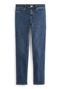 Tumedates sinise värviga kitsad denim teksad, viie taskuga, nööbi kinnituse ja vöökohaga, välja pandud lamedalt valgel taustal.