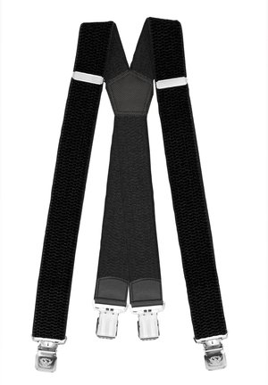 Black suspenders made of textured elastic material, featuring silver metal clips and a central leather section for added support.