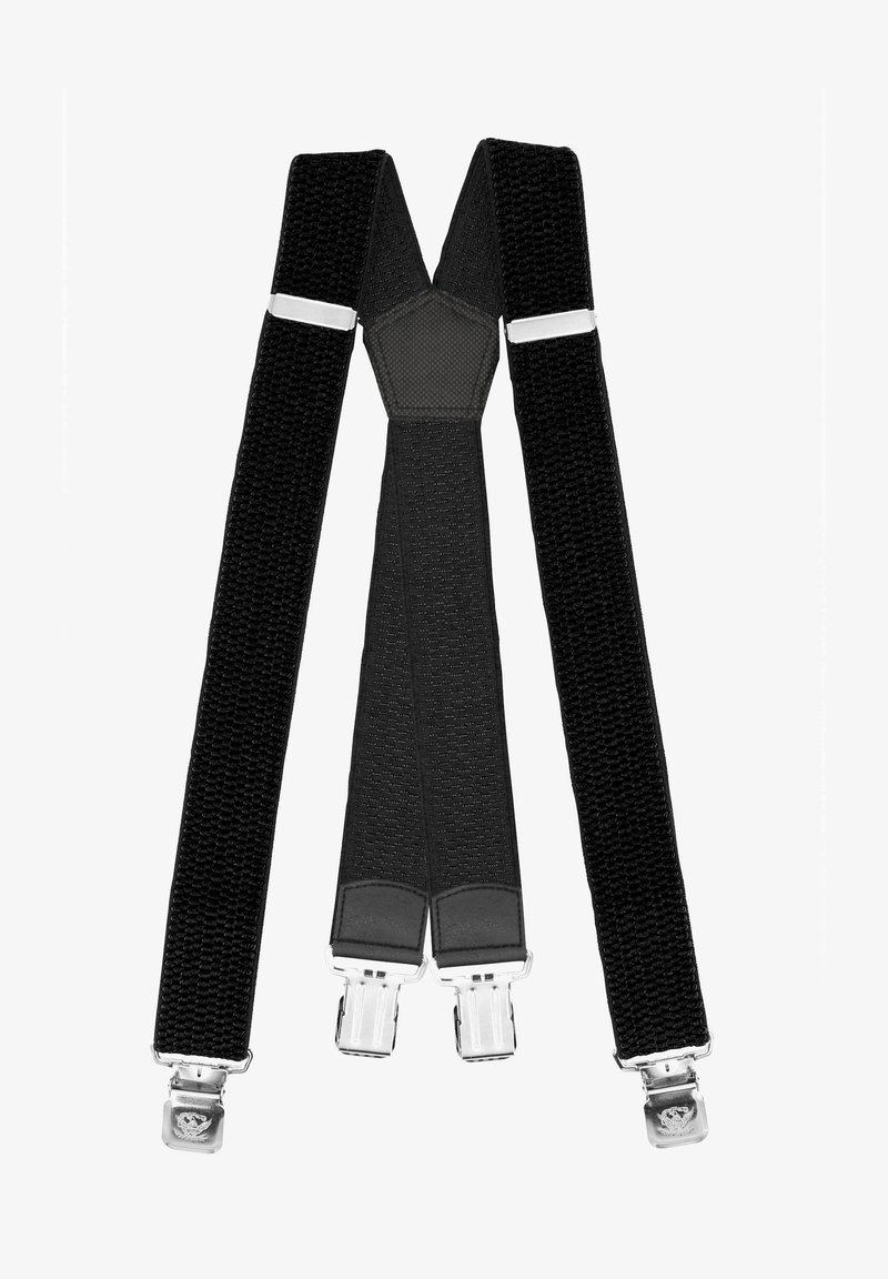 Black suspenders made of textured elastic material, featuring silver metal clips and a central leather section for added support.