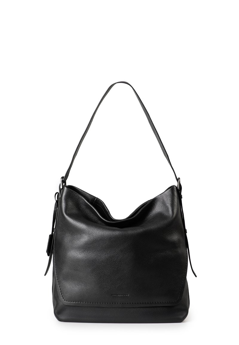 Schwarze Leder-Schultertasche mit einer geschwungenen Oberseite, glatter Textur und einem langen Einriemen. Sie besitzt ein dezentes Logo und ein minimalistisches Design.