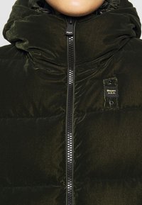 Tmavě zelená péřová bunda s sametovou texturou, vysokým límcem, předním zipem a logem na hrudi.