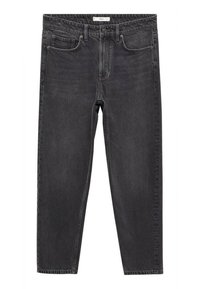 Jeans in denim nero con design a gamba dritta, dotati di due tasche anteriori e chiusura con bottone. Il tessuto ha una texture leggermente sbiadita.