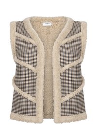 Bruine en beige gilet met een houndstooth patroon, met een pluche interieur en rand, open voorkant ontwerp en zonder mouwen.