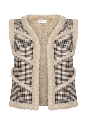 Bruine en beige gilet met een houndstooth patroon, met een pluche interieur en rand, open voorkant ontwerp en zonder mouwen.