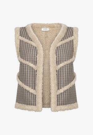 Braun und beige Weste mit einem Hahnentrittmuster, ausgestattet mit einem kuscheligen Innenfutter und Besatz, offener Frontgestaltung und ohne Ärmel.
