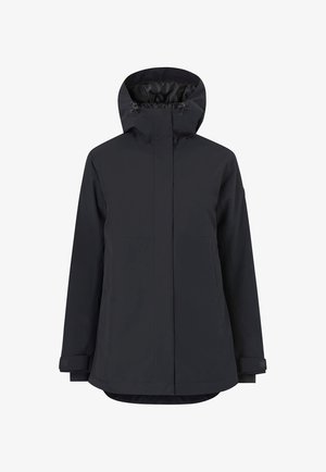 Giacca impermeabile nera con colletto alto, cappuccio regolabile e maniche lunghe. Caratterizzata da un design minimalista e tasche frontali nascoste.