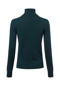 Dunkelblauer Rollkragenpullover mit langen Ärmeln, aus weichem Stoff gefertigt. Verfügt über einen enganliegenden Kragen sowie gerippte Bündchen und Saum.