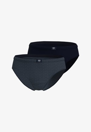 Two men's brief-style underwear, one solid black and one dark gray with fine horizontal stripes, both with a small logo at the center waistband.