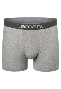 Boxer da uomo grigi in cotone con elastico nero riportante la scritta "camano" bianca, texture liscia e design aderente.