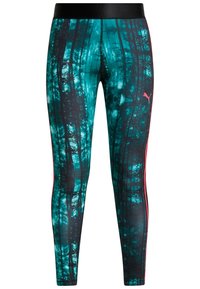 Legginsy z czarnym pasem, z nadrukiem leśnym w odcieniach teal i czerni, z czerwonymi paskami po bokach oraz małym różowym logo na biodrze.