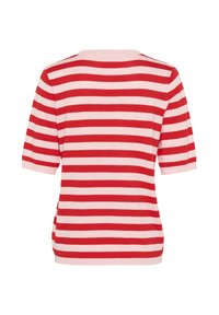 Red and pink striped short-sleeve sweater with a round neckline and ribbed cuffs, featuring a fitted silhouette and soft knit texture.