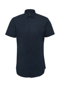 Kurzarmhemd in dunklem Marineblau, aus glattem Stoff gefertigt, mit einer Knopfleiste vorne, spitzen Kragen und slim fit Design.