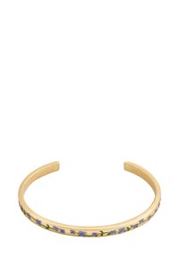 Gold-colored cuff bracelet featuring a floral pattern with purple flowers and green leaves along the band. Smooth, matte finish.